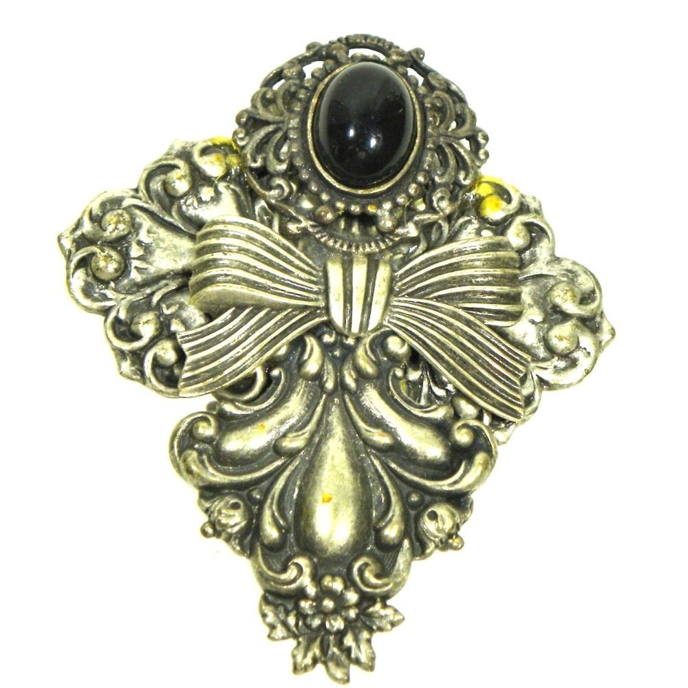 Vintage Art Deco Silver Tone Brooch Pin Swirl Ribbon Black Cabochon Textured